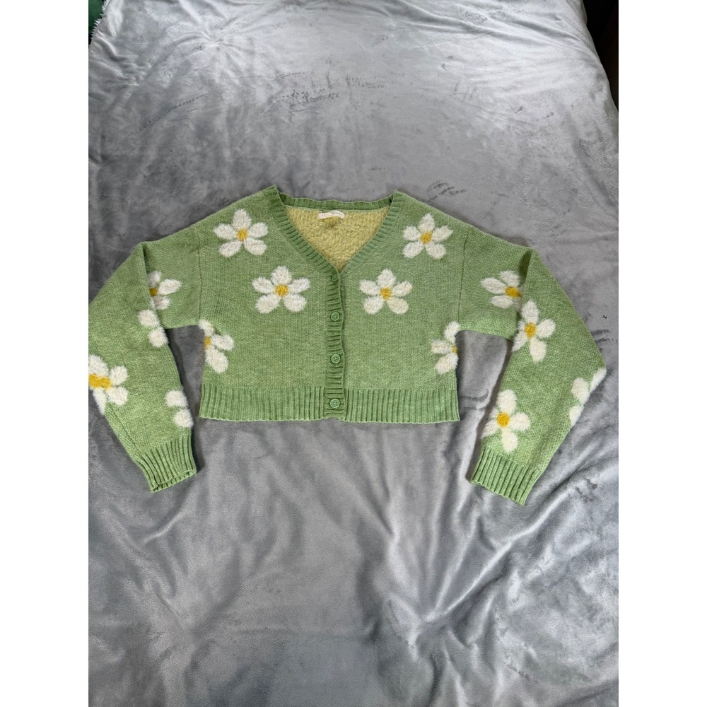 LA Hearts‎ Green Daisy Cottagecore Knit Cropped Cardigan Sweater Women's XS Top